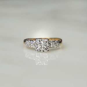 14K Square Diamond Ring / Vintage Estate C1950 14K Two Tone Gold 0.36TCW Brilliant Diamond Solitaire Square Illusion Engagement Ring  Sz 8