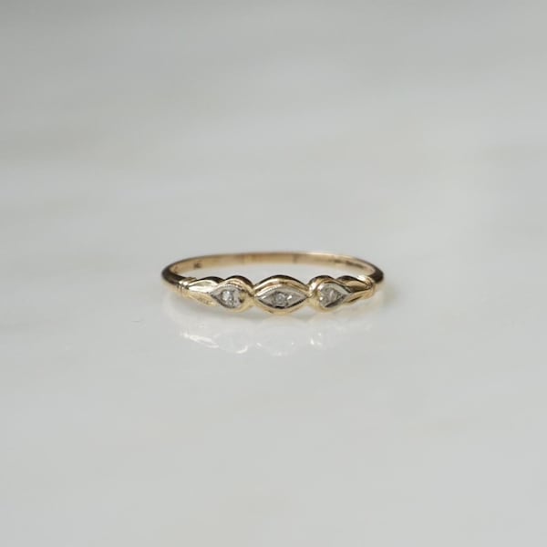 Art Deco Diamond Band / Antique Estate C1940 14K Two Tone Gold 0.04TCW Three Diamond Marquise & Two Hearts Dainty Wedding Band  Sz 8.5