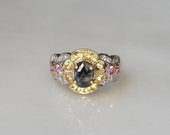 1.03ct Black Diamond Ring / Vintage Estate 14K Gold 1.90TCW Black Grey Diamond Solitaire, Pink & Canary Quartz Diamond Engagement Ring  Sz 7