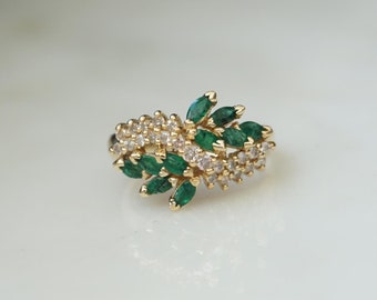 Marquise Emerald & Diamond Ring / Vintage Estate C1970 14K Gold 1.40TCW Marquise cut Emerald Diamond Regal Wreath Cocktail Ring  Sz 7
