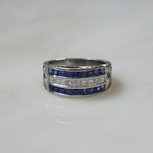 Platinum Diamond & Sapphire Band / Unisex Vintage Estate Hand Engraved Platinum 1.55TCW Square Sapphire Diamond Triple Row Wedding Band Sz 7