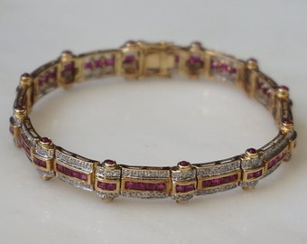 14K Ruby Diamond Bracelet / Vintage Estate 14K Gold 5.00TCW Channel Square Fine Red Ruby & Diamond Retro Art Deco Link Tennis Bracelet  7"