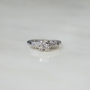 14K Square Diamond Ring / Vintage Mid Century Estate C1960 14K White Gold 0.28TCW Round Diamond Solitaire Square Engagement Ring  Sz 6.75