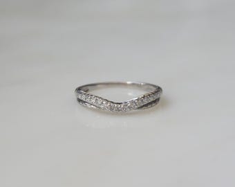 Diamond Ring Guard / Vintage Estate Engraved Art Deco Motif 14K White Gold 0.30TCW Diamond Semi-Curved Tiara Style Wedding Band  Sz 7