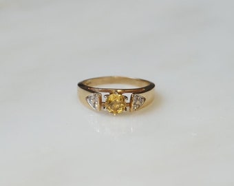 14K Canary Sapphire Ring / Vintage Estate C1970 14K Gold 0.54TCW Round Canary Yellow Sapphire Solitaire & Diamond Engagement Ring  Sz 5