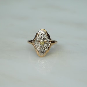 Canary Diamond Shield Ring / Antique Estate C1930 14K Two Tone Gold 0.03ct Canary Yellow Diamond Shield Art Deco Dinner Ring  Sz 6.5