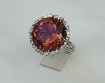 Tourmaline Cocktail Ring / Mid Century Estate C1960 14K White Gold 16.50TCW Kaleidoscope cut Tourmaline Solitaire & Diamond Halo Ring Sz 6.5