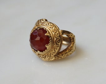 Anillo carneliano bizantino / Vintage Estate plata de ley oro Vermeil 4 quilates corte rosa anillo de esfera carneliana / anillo de serpiente de oro Sz 7.25