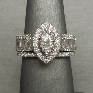 Estate 14K White Gold 2.62TCW Marquise Diamond Solitaire & Baguette Halo Engagement Set / Art Deco Wedding Set  Sz 7