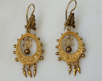 Victorian Revival Earrings / Antique Victorian Estate C1900 14K Gold Etruscan Style Tassel Dangle Statement Earrings  2"