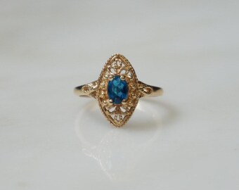 10K Gold Apatite Ring / Vintage Mid Century Estate C1960 10K Gold Filigree 0.44 carat Oval cut Blue Apatite Shield Navette Ring  Sz 6.25