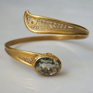 Green Amethyst Bracelet / Vintage Estate C1950 Gold Vermeil 16 carat Green Amethyst Snake Open Bangle Bracelet / Gold Snake Cuff  7.5&quot;