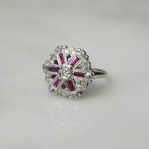 Platinum Ruby & Diamond Ring / Vintage Estate C1950 1.15TCW European Single cut Diamond Ruby Baguette Hexagon Cocktail Ring  Sz 7.5