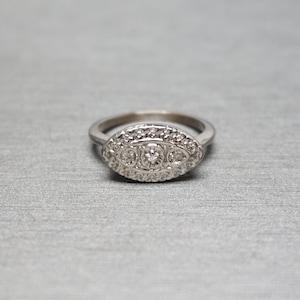 Mid Century Estate C1960 14K White Gold 0.08TCW Three Diamond Oval Horizontal Shield Ring / Vintage Diamond Shield Ring   Sz 8 1/3