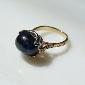 12.98ct Sapphire Ring / Antique Estate C1920 14K Tri Color Gold 13.12TCW Oval Cabochon Sapphire Solitaire & Diamond Accent Ring  Sz 6.75