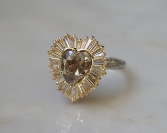 Diamond Ballerina Heart Ring / Vintage Estate Platinum - 14K Gold 3.81TCW Pear cut Cognac Diamond & Baguette Heart Ballerina Ring  Sz 8