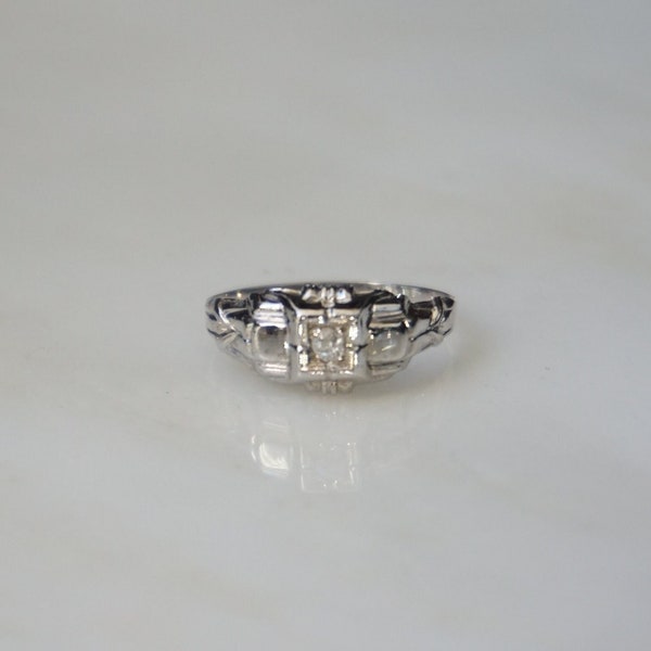 18K Mine cut Diamond Ring / Antique Estate C1920 18K White Gold 0.07ct Old Mine cut Diamond Petite Dainty Art Deco Engagement Ring  Sz 7