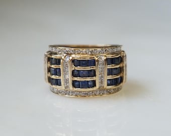 Sapphire & Diamond Band / Vintage Estate 14K Gold 1.55TCW Square Sapphire Diamond Wide Link Band / Wide Wedding Band  Sz 7.5