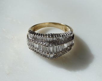 Diamond Baguette Pyramid Ring / Vintage Estate 10K Gold 2.75TCW Baguette Diamond Triple Row Pyramid Band / Triple Row Diamond Ring  Sz 8
