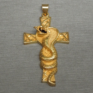 Gold Cobra Cross / Vintage Estate 1980s Sterling Silver Gold Vermeil Cobra Cross Pendant / Men&#39;s Cobra Cross  2.5&quot;