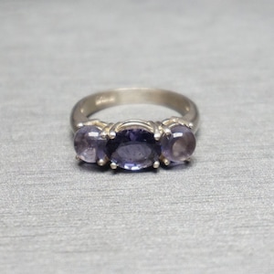 Iolite Trinity Ring / Vintage Estate 1980s Sterling Silver 2.97TCW Violet Iolite Three-Stone Ring / Iolite Engagement Ring  Sz 8