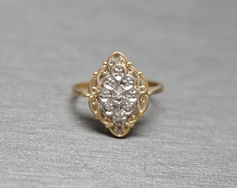 Filigree Diamond Shield Ring / Mid Century Estate C1960 10K Gold Filigree 0.11TCW Diamond Shield Ring / Vintage Gold Shield Ring  Sz 7