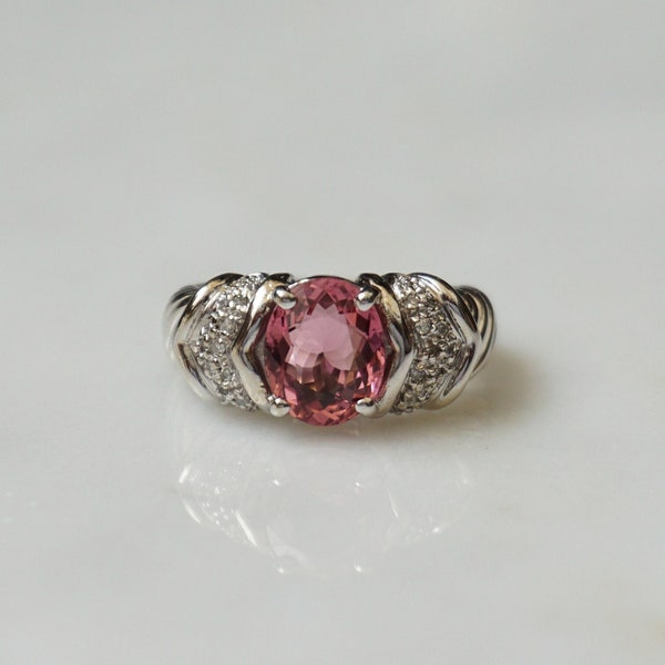 Pink Tourmaline Ring / Vintage Estate 14K White Gold 2.33TCW Raspberry Pink Tourmaline Solitaire & Diamond Ring / 2 carat Tourmaline  Sz 7