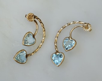 Blue Topaz Heart Earrings / Vintage Estate 14K Gold Handmade Bezel set Heart cut Blue Topaz Dangle Earrings / Double Heart Earrings  1.25"