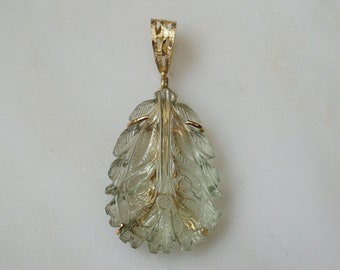 Aquamarine Carving Pendant / Vintage Estate 10K Gold Hand Carved Green Aquamarine Amulet Pendant / Vintage Aquamarine Pendant  2"
