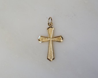 Vintage Estate C1970 14K Gold Satin Finish Beveled Edge Miniature Cross Charm Pendant / Small Gold Cross / Vintage Gold Cross   1 1/8"