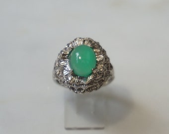 Vintage Chrysoprase Ring / Mid Century Estate C1960 Sterling Silver 2.14ct Glowing 'Jade-Green' Chrysoprase Crysoberyl Honeycomb Ring  Sz 6