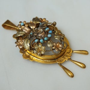 10K Gold Victorian Lovers Locket / Antique Estate C1890 10K Tri Color Gold & Glass Floral Turquoise Mourning Photo Locket Pendant  3&quot;
