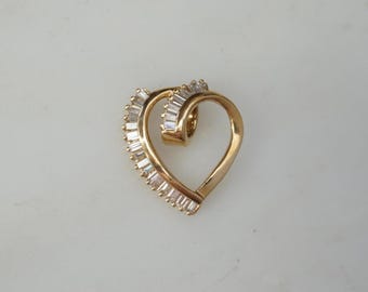 Baguette Heart Slide / Vintage Estate 14K Gold 1TCW Diamond Baguette Floating Heart Slide Pendant / Diamond Heart Slide  0.75"