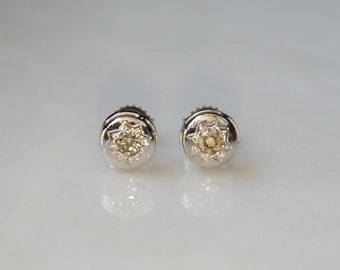 Diamond Starburst Bezel Studs / Vintage Estate 14K White Gold 0.25TCW Champagne Diamond Starburst Bezel Circular Stud Earrings