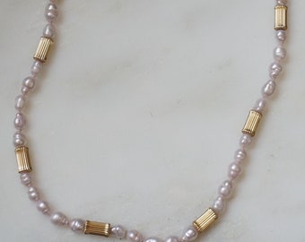 14K Pink Pearl Choker / Vintage Estate 14K Gold Bamboo Link Natural Pearl Choker Necklace / Vintage Pink Pearls  13.75"
