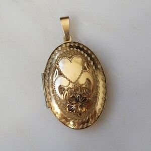 Mid-Century Sweetheart Locket / Vintage Estate C1960 Gold Filled Hand Engraved 'Abundance of Love' Heart of Plenty Oval Locket Pendant  2"