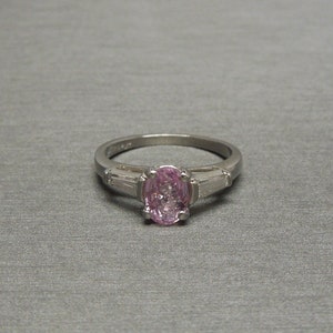 Platinum Pink Sapphire / Mid Century Estate C1960 Platinum 1.59TCW Oval Pink Sapphire Solitaire & Baguette Diamond Engagement Ring  Sz 5.25
