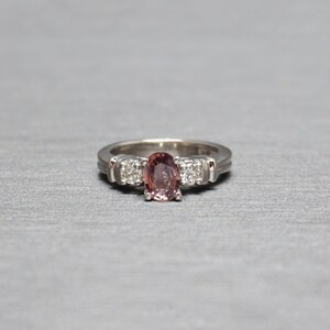 Vintage Estate Platinum 0.91TCW Salmon Pink Sapphire Solitaire & Diamond Three-Stone Engagement Ring  Sz 4.75