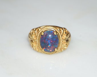 Vintage Opal Ring / Unisex Vintage Estate C1970 Gold Vermeil Sterling Silver Roman Etruscan Opal Doublet Ring / Men's Opal Ring  Sz 8.25