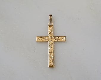 Antique Estate C1940 10K Gold Signed ESEMCO Victorian Floral Motif Hand Engraved Cross Pendant / Unisex Antique 10K Gold Cross  1.25"