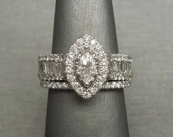 Estate 14K White Gold 2.62TCW Marquise Diamond Solitaire & Baguette Halo Engagement Set / Art Deco Wedding Set  Sz 7