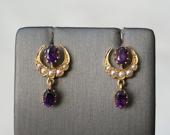 Vintage Estate C1950 Orientalist 14K Gold Amethyst & Seed Pearl Crescent Dangle Earrings / Vintage Amethyst Drop Earrings  0.75"