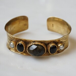 Ancient Roman Cuff Bracelet / Vintage Estate Gold Vermeil Sterling Silver Agate, Pearl, & Onyx Ancient Roman Style Cuff Bracelet  7.25&quot;