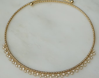 14K Gold Bezel Diamond Necklace / Estate 14K Solid Gold 1TCW Bezel set Round Brilliant Diamond Choker Wrap Necklace  14.5"