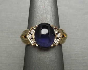 Vintage Iolite Ring / Vintage Estate 1980s 14K Gold 3.95TCW Violet Iolite Cabochon Solitaire & Channel Diamond Ring  Sz 6.75