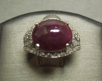 Vintage Estate Art Deco 14K White Gold 8.33TCW Cabochon Ruby Solitaire & Diamond Wide Band Engagement Ring Sz 6