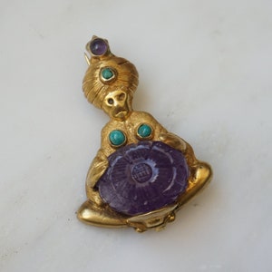 Vintage Genie Pin / Vintage Estate C1950 Gold Vermeil Sterling Silver Turquoise & Carved Amethyst Crystal Ball Genie Pin / Genie Brooch  2&quot;