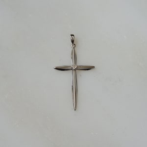 14K White Gold Diamond Cross / Vintage Mid Century Estate C1960 14K White Gold 0.03ct Diamond Cross Pendant / Small Diamond Cross  1.25&quot;