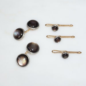 Antique Cufflink Stud Set / Antique Estate C1910 14K Gold Black Mother of Pearl 5 Piece Cufflink & Collar Vest Stud Set / Men&#39;s Dress Set