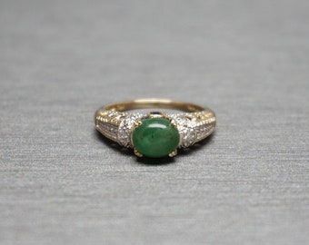 Vintage Estate 10K Gold 1.37 carat Emerald Cabochon Solitaire & Diamond 1.40TCW Art Deco Engagement Ring / Art Deco Emerald Ring  Sz 6